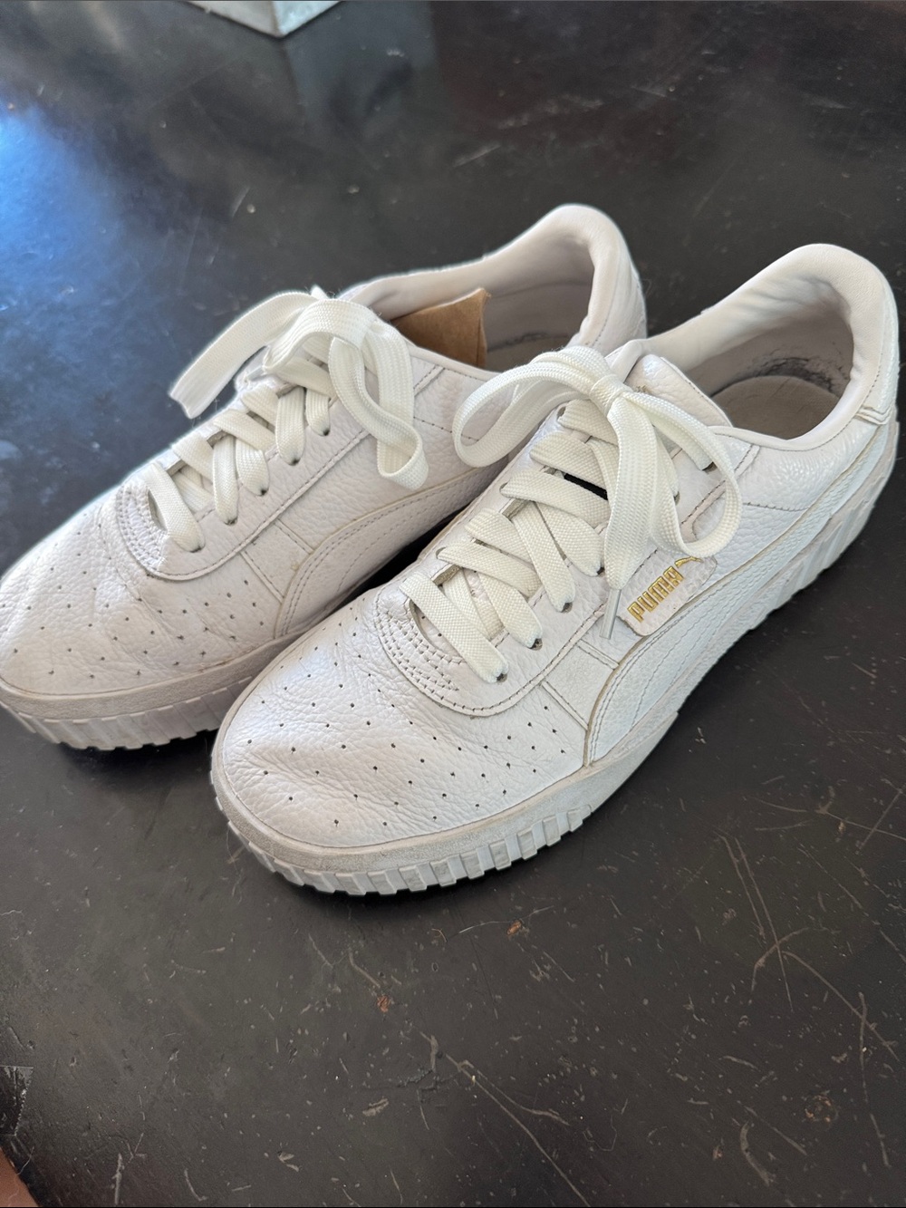 Puma Women's White Leather Low-Top Sneakers with Gold Accent